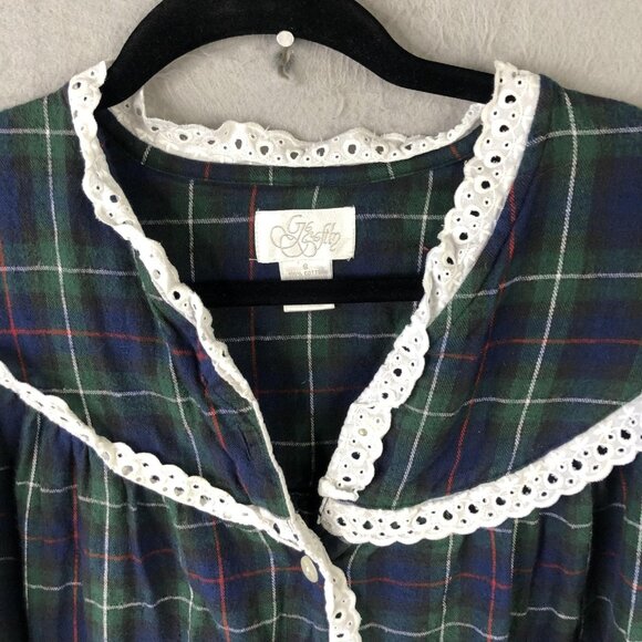 Vintage Geffy Nightgown Womens Small Plaid Flannel Lace Trim Dress 90s - Picture 14 of 16
